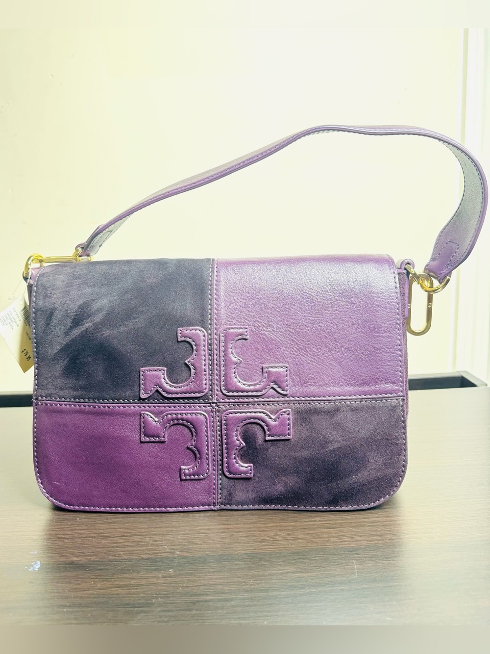 Tory Burch Natalie Patchwork Purple suede Colorblock Leather Shoulder Bag